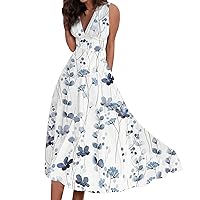 Flowy Summer Dresses 2023 Casual V Neck High Waisted Sleeveless Tank Dress Floral Print Large Swing Sundress