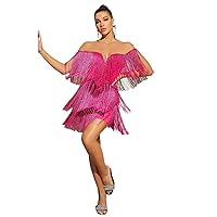 TLULY Dress for Women Off Shoulder Fringe Trim Dress (Color : Hot Pink, Size : Medium)