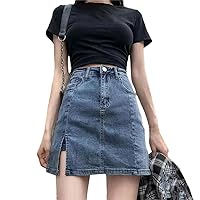 Women's High Waist Split Hip Denim Skirt Casual Slim A-Line Jeans Short Skirt