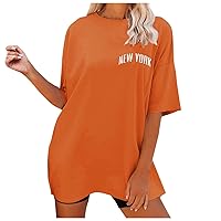 Women T-Shirts Oversized Graphic Funny Letter Printed Tunic Tops Casual Short Sleeve Drop Shoulder Blouse Loose Tee
