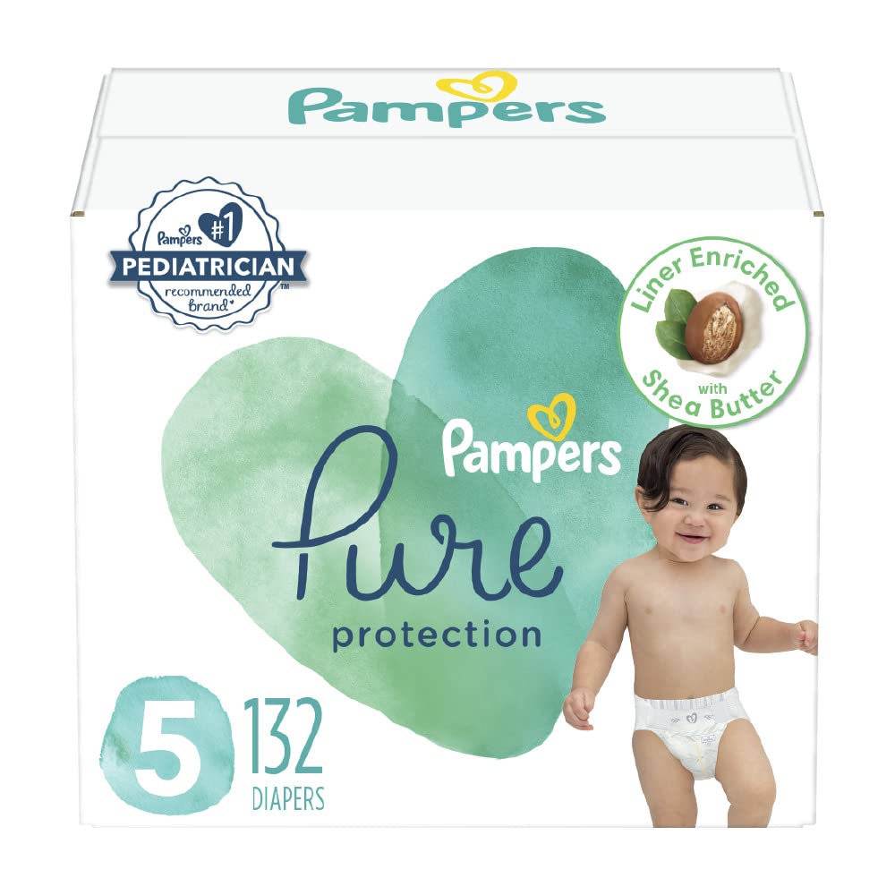 Pampers Diapers Size 5, 132 Count - Pure Protection Disposable Baby Diapers, Hypoallergenic and Unscented Protection (Packaging & Prints May Vary)