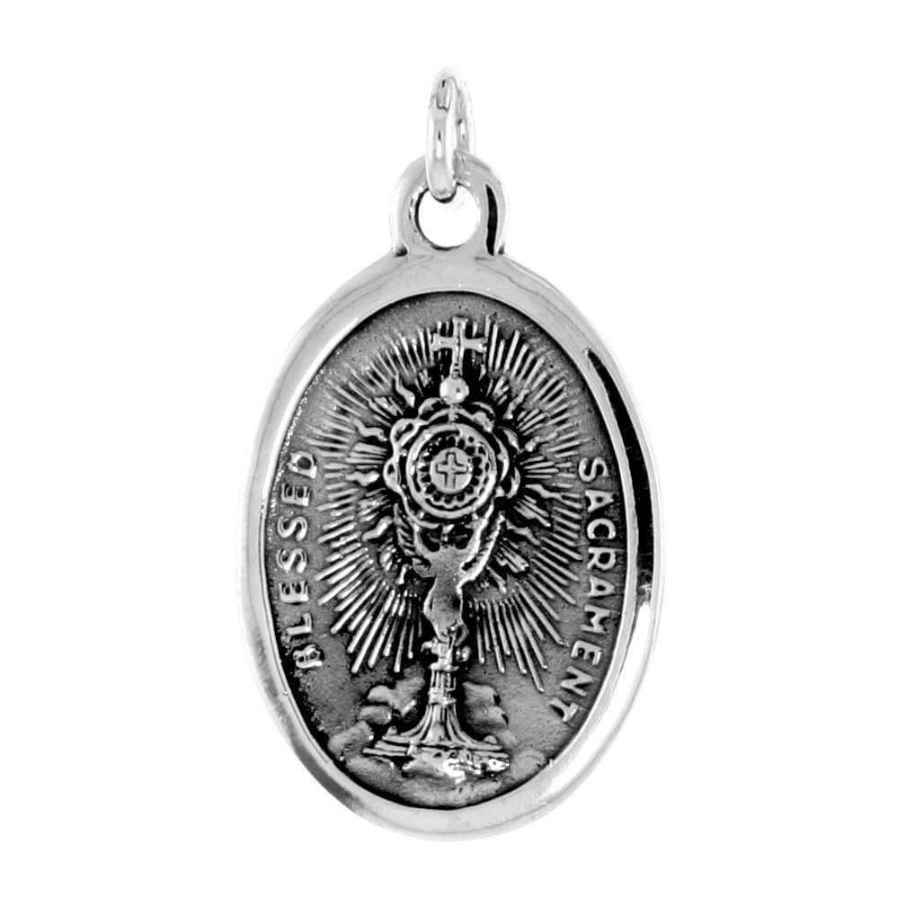 Sterling Silver St Charles Borromeo Medal with Blessed Sacrament Necklace Oxidized finish Oval 1.8mm Chain