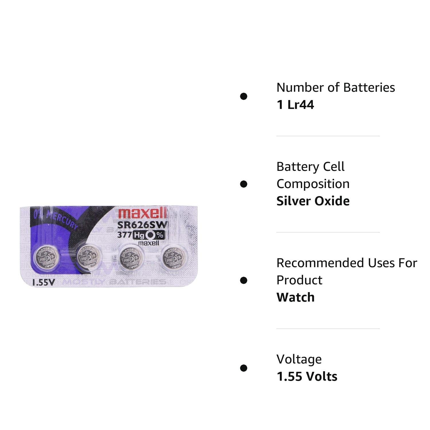 Maxell 377 SR626SW 1.55 Volt Silver Oxide Watch Batteries Factory Hologram (4 Batteries)