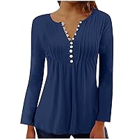 Women's Long Sleeve Blouses Casual Button Down V Neck Shirts Tops Loose Flowy Hide Belly Tunic Blouses for Leggings