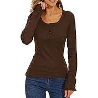 Women’s Autumn Winter Long Sleeve Henley Basic T Shirts Button Down Slim Fit Tops Scoop Neck Ribbed Slim Fitted Fall Blouse