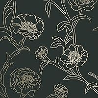 Tempaper Black & Gold Peonies Removable Peel and Stick Floral Wallpaper, 20.5 in X 16.5 ft, Made in The USA