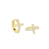 925 K Sterling Silver Cross Cuff Huggie Hoop Earrings | 14 K Gold Plated Silver Cross Hoop Earrings for Women Girls Teens Kids | 13 mm Cz Cross Earring (14 K GOLD)