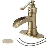 BWE Brushed Gold Bathroom Faucet Waterfall Single Handle One Hole Bathroom Sink Faucet Deck Mount Lavatory Commercial with Pop Up Drain Assembly and Deck Plate Mixer Tap