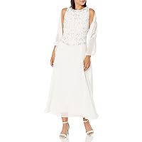 J Kara Women's Petite Long Beaded V Trim Detail Gown with Scarf