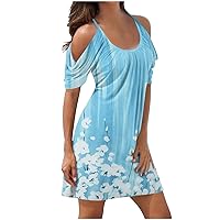 Women Bohemian Floral Cold Shoulder Cami Mini Dress Summer Ruched Short Sleeve Crewneck Casual Tunic T-Shirt Dresses