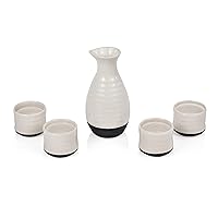 Fervor 5pcs Ceramic Sake Set, 4 3.5oz Saki Cup Set & 1 8oz Sake Bottle Carafe - Traditional Japanese Tokkuri & Saki Cups Drink Gift Essentials - White