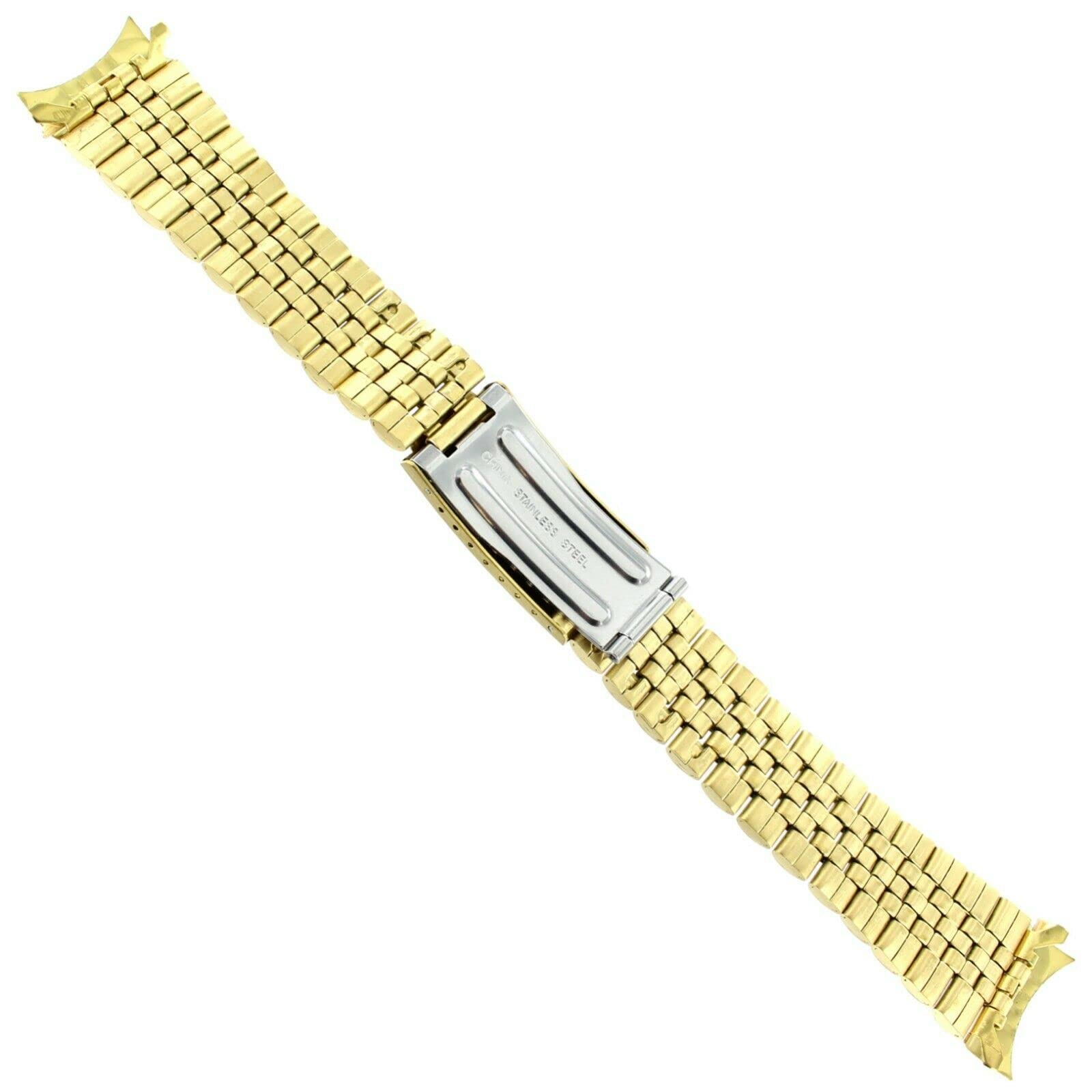 20mm Milano Gold Tone Stainless Steel Jubilee Style Fold Clasp Curved Ends Mens Watch Band 1402YC Long
