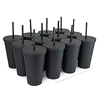 STRATA CUPS Classsic Black Tumblers with Lids (12 pack) - 16oz Colored Acrylic Cups with Lids and Straws | Double Wall Matte Plastic Bulk Tumblers With FREE Straw Cleaner! Customizable DIY Gifts