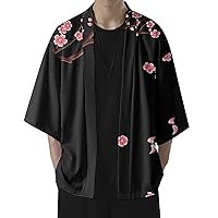 Men's Kimono Cardigans Jacket 3/4 Sleeve Open Front Japanese Style Shirt Bathrobe Lightweight Coat Loose Outwear