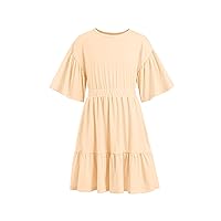 Girls Summer Dress Ruffle Short Sleeve Flowy Tween Cute Dress Plain 2024 Fashion Trendy Kids Clothes
