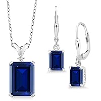 Gem Stone King 925 Sterling Silver Gemstone Birthstone and Diamond Pendant and Earrings Jewelry Set For Women | Emerald Cut 14X10MM and 8X6MM | With 18 Inch Silver Chain