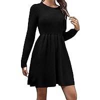 Knit Dresses for Women Summer,Womens Solid Color Doll with Long Sleeve Crew Neck Sweater Dress Midi Dresses for