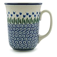 Authentic Polish Pottery Bistro Mug 17 oz in Water Tulip Design Handmade in Bolesławiec Poland by Ceramika Artystyczna + Certificate of Authenticity