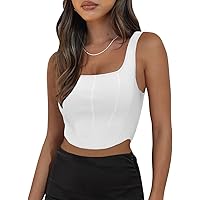 LILLUSORY Women's 2023 Summer Going Out Corset Tank Top Square Neck Curve Hem Ribbed Knit Crop Tops