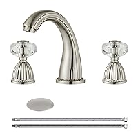 Brushed Nickel Widespread Bathroom Sink Faucet,Two Crystal Handle Three Hole Brass Lavatory Vanity Faucet,8-16 Inch Basin Mixer Tap with Pop Up Drain Assembly