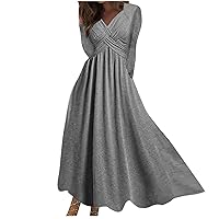 Women's Casual Pleated Maxi Dress Long Sleeve Wrap V Neck Solid A Line Flare Long Dresses Bohemian Beach Flowy Dress