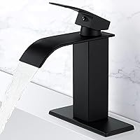 Matte Black Bathroom Faucet Waterfall Spout Sink Faucet Single Handle 1 or 3 Hole 4 Inch Bathroom Sink Faucet Brass Vanity Faucets Modern Black Faucet Lavatory Water Mixer Tap with Deck Mount Plate