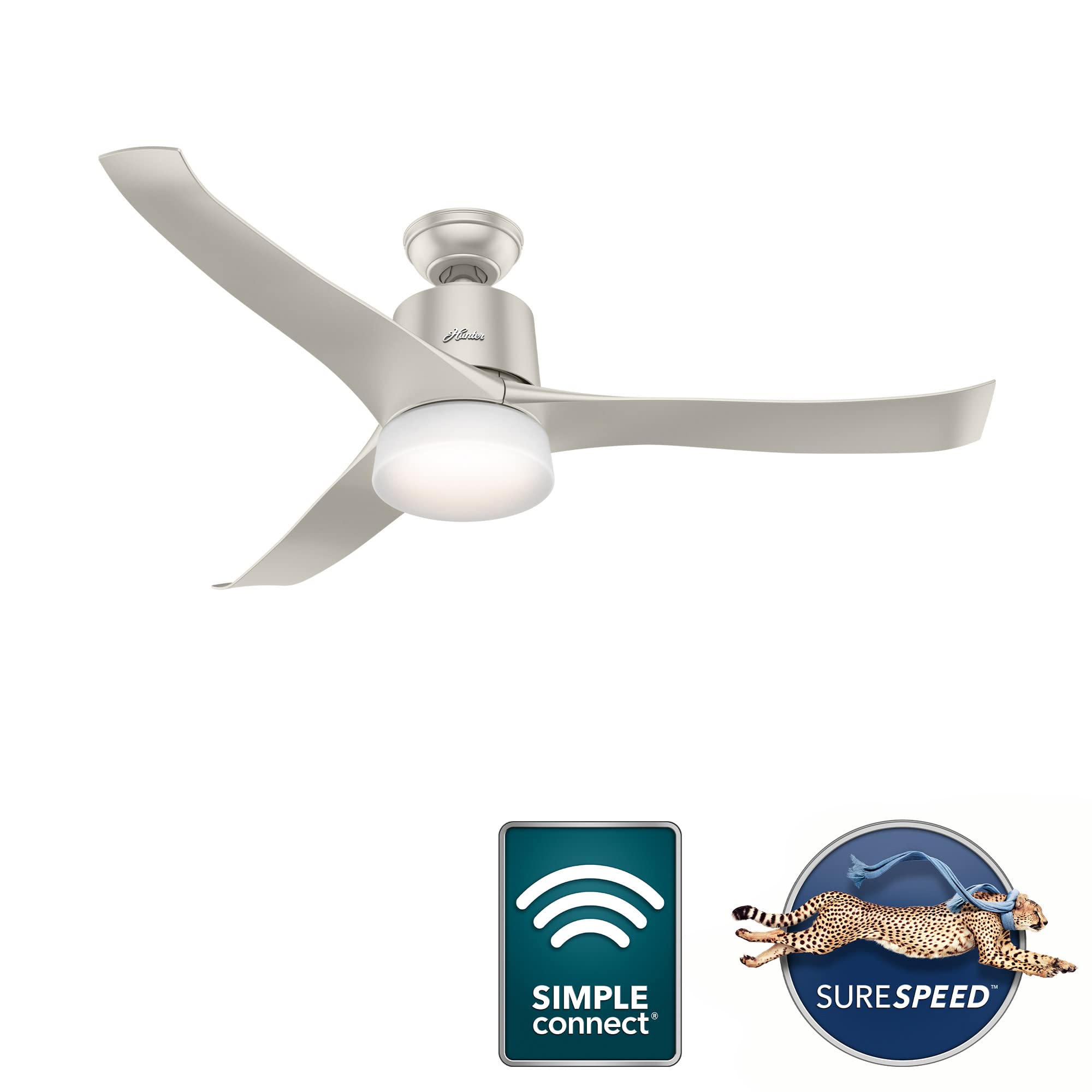 Hunter Fan Company, 59376, 54 inch Wi-Fi Symphony Matte Nickel Ceiling Fan with LED Light Kit and Handheld Remote, Smart Fan