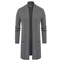 Men's Shawl Collar Open Front Long Cardigan Ribbed Knit Sweater with Pockets