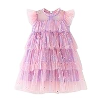 Toddler Girls Fly Sleeve Rainbow Star Sequins Prints Tulle Princess Dress Dance Party Dresses Clothes Long Dress Girls