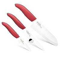 Kyocera 3-Piece Ceramic Knife Set: Includes 6-inch Chef's Knife, 5-inch Micro Serrated Knife, and 3-inch Paring Knife - Red Handles with White Blades