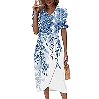 Beach Dresses for Women 2024 Summer Trendy Elegant Wrap V Neck Floral Boho Printed Comfy Tunic Wedding Guest Dress