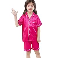 Little Girls Boys Pajamas Set Satin Silk Short Sleeves Sleepwear Pjs 2 Piece Button-Down Clasic Loungewear