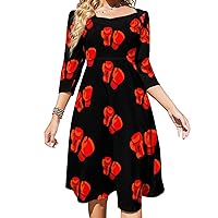 Red Boxing Gloves Midi Dresses for Women Tie Flared A-Line Swing 3/4 Sleeves Cute Sundress