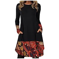 Women's Fashion Casual Printed Round Neck Pullover Loose Long Sleeve Dress