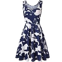 Long Sleeveless Dresses for Women Summer Printing Beach Scoop Neck A-Line Casual Soft (M, Blue)
