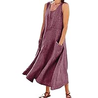Solid Color Women's Cotton Linen Casual Loose Pockets Long Dress Plain Sleeveless Tank Dress Flowy Ruched Sundress