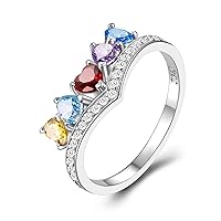 FindChic Customized Sterling Silver Mother's Rings with 1/2/3/4/5 Birthstones Chevron Tiara Crown Ring with Round/Heart CZ Stones Personalized Mothers Day Gift, with Gift Box