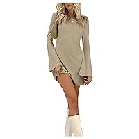 Verdusa Women's Backless Round Neck Flare Long Sleeve Tie Back Knitted Mini Dress
