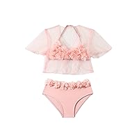 SHENHE Girl's 3 Piece Swimsuit Floral Appliques Halter Triangle Bikini Set with Sheer Cover Up