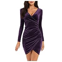 Maxi Dresses for Women Solid Color Wrap V Neck Long Sleeve Velvet Bag Hip Ruched Cocktail Party Dress Evening Gown
