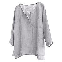 Linen Shirt,Long Sleeve 2024 Trendy Plus Size T-Shirt Solid Fashion Casual Button Top Blouse Outdoor Shirt Lightweight Tees Gray XXXXL