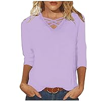 Women's Casual 3/4 Sleeve T-Shirts V Neck Criss Cross Cute Tunic Tops Basic Tees Blouses Loose Fit Pullover