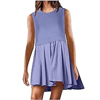 Womens Tank Dresses Pleated Loose Swing Mini Dress 2024 Trendy Sleeveless Summer Sundresses Stylish Relaxed Fit Outfits Purple