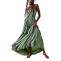 Womens Summer Spaghetti Strap Long Dress Boho Low Cut Dress Backless Bodycon Midi Dress Bohemian Maxi Dress Beachwear