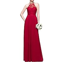 A Line Long Chiffon Floor Length Red Lace Bridesmaid Dress Wedding Party Dress