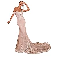 Women’s Lace Appliques Mermaid Wedding Dresses for Bride Off Shoulder Tulle Bridal Gowns Long with Train 2024
