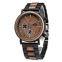 Kim Johanson Men's Military* Wooden Stainless Steel Watch in Dark Brown Chronograph with Sun & Moon Display and Link Bracelet Handmade Quartz Analogue Watch with Gift Box, brown, Bracelet