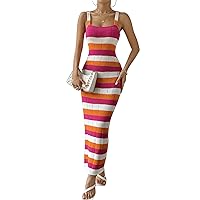 Floerns Women's Striped Sleeveless Colorblock Pointelle Knit Sweater Maxi Dress