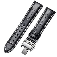 for Longines Original Watch Genuine Leather Strap Male Butterfly Buckle Male and Female Strap (Color : Black-Silver Buckle, Size : 19mm)