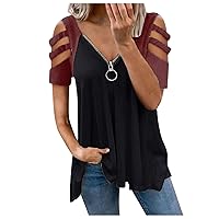 Women's Cold Shoulder Tshirt Tops Casual Sexy Loose Fit Zip V Neck Blouses Fashion Summer Tunic Shirts